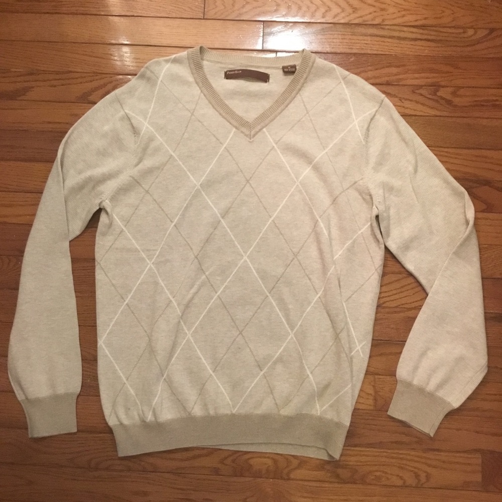 Perry Ellis Beige Argyle V-neck Sweater Size M
